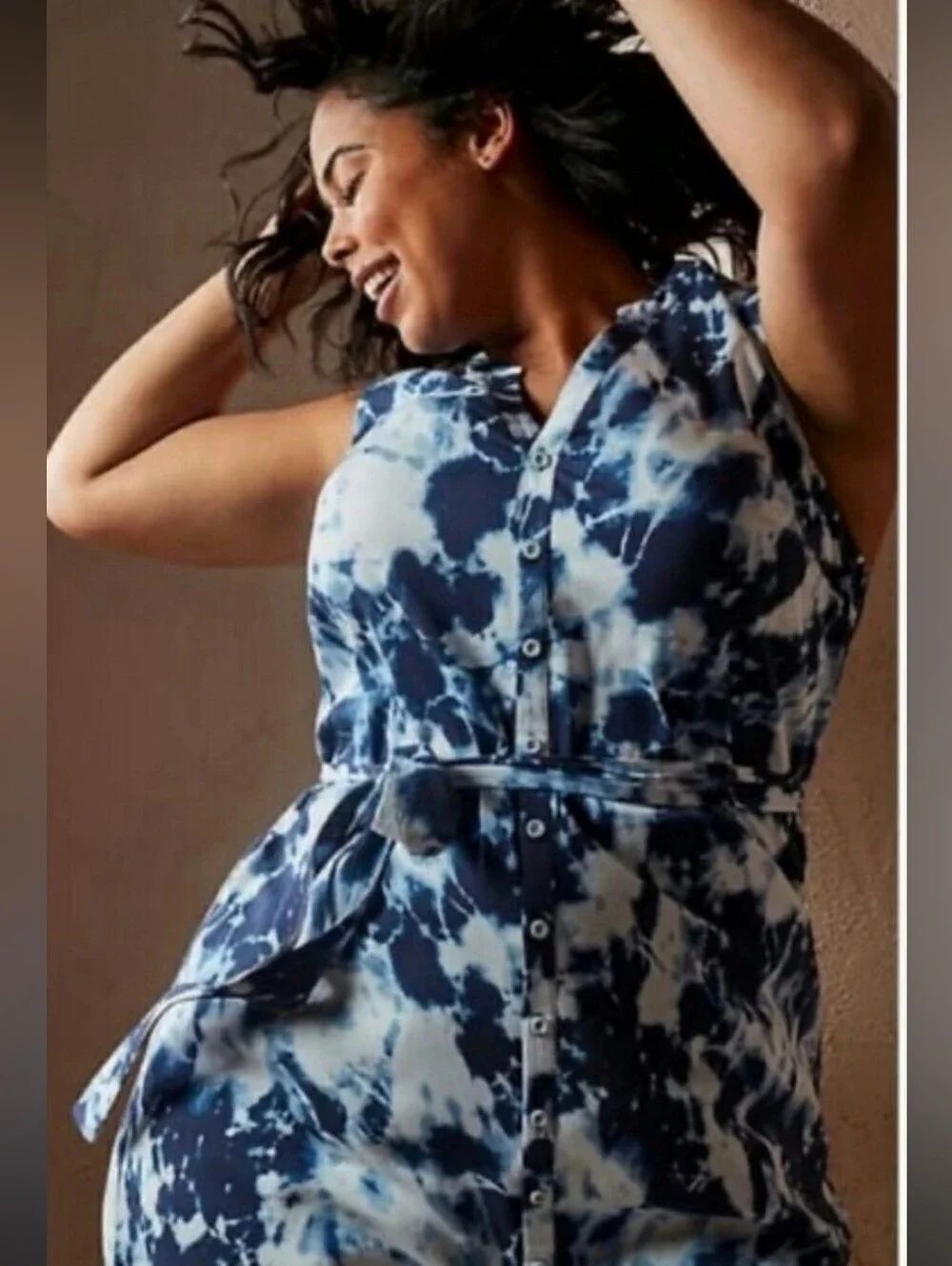 Torrid Navy Blue Tie Dye Challis Button Down Front Shirt Dress - Size Large